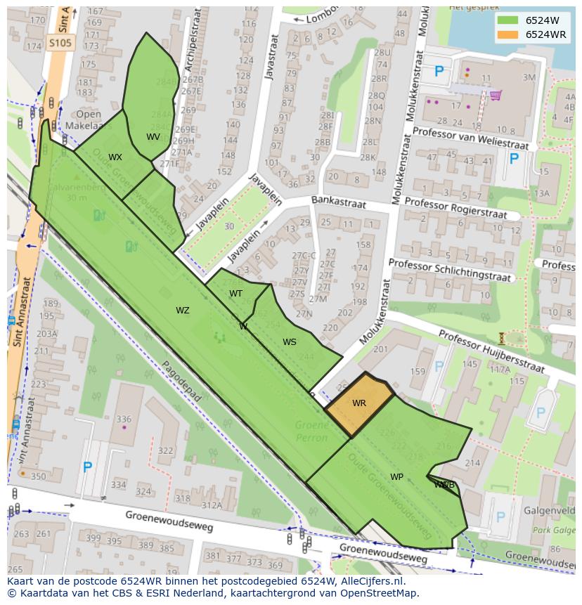 Afbeelding van het postcodegebied 6524 WR op de kaart.