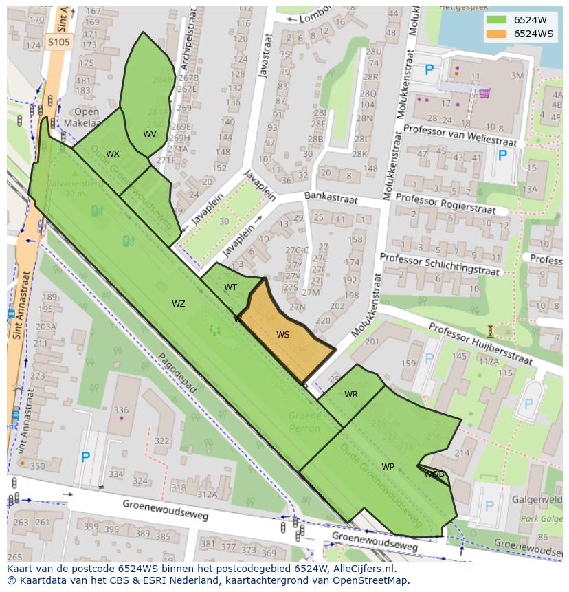 Afbeelding van het postcodegebied 6524 WS op de kaart.