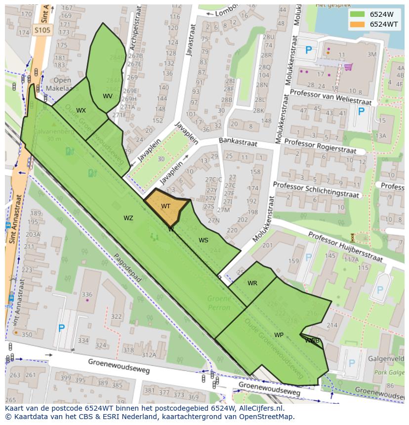 Afbeelding van het postcodegebied 6524 WT op de kaart.
