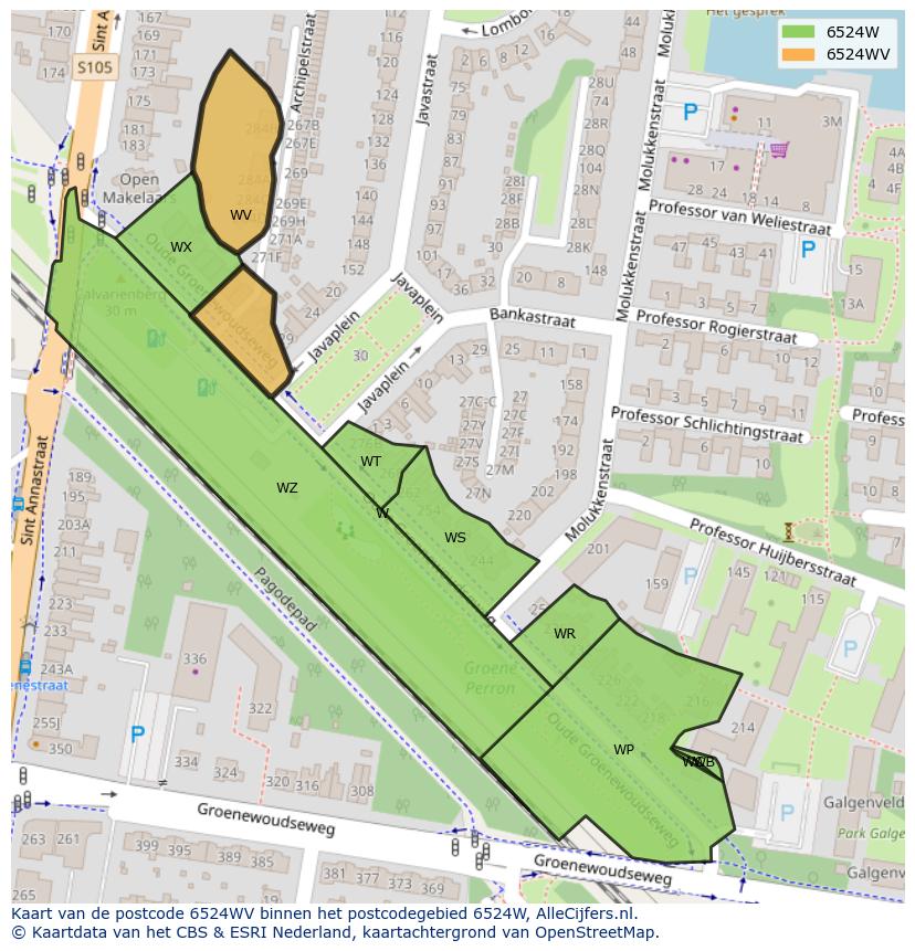 Afbeelding van het postcodegebied 6524 WV op de kaart.