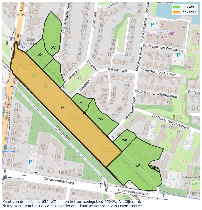 Afbeelding van het postcodegebied 6524 WZ op de kaart.