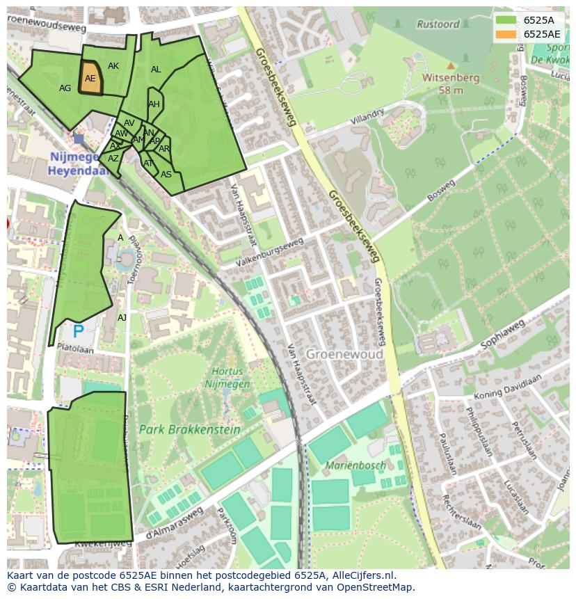 Afbeelding van het postcodegebied 6525 AE op de kaart.