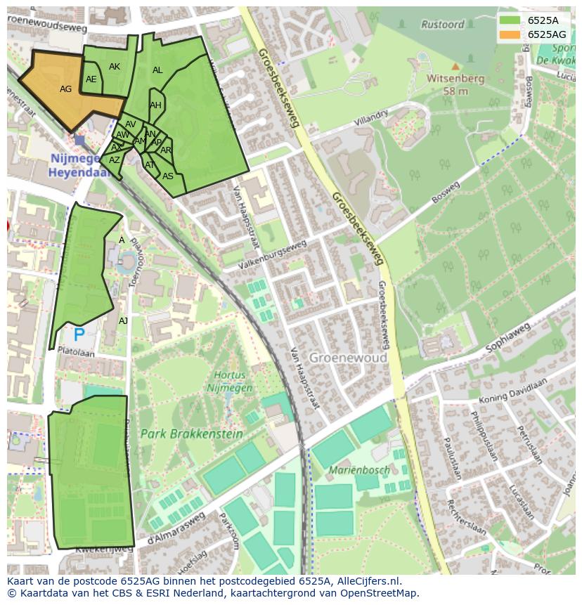 Afbeelding van het postcodegebied 6525 AG op de kaart.