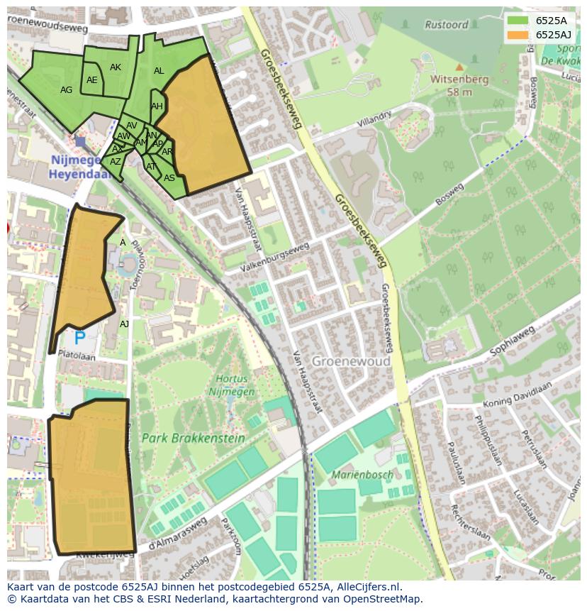 Afbeelding van het postcodegebied 6525 AJ op de kaart.
