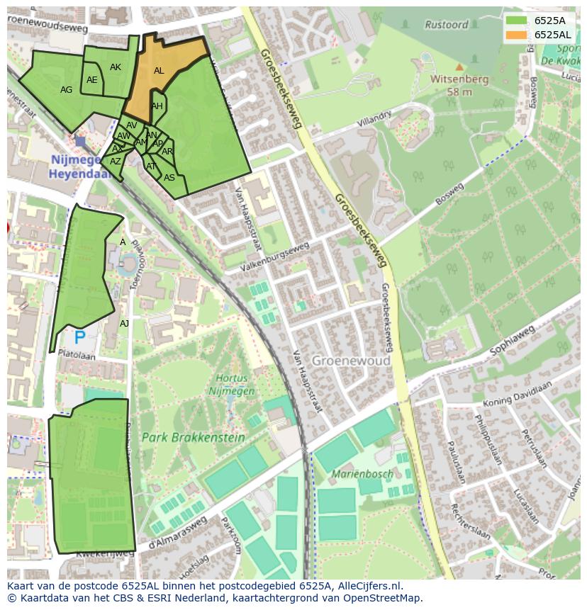 Afbeelding van het postcodegebied 6525 AL op de kaart.