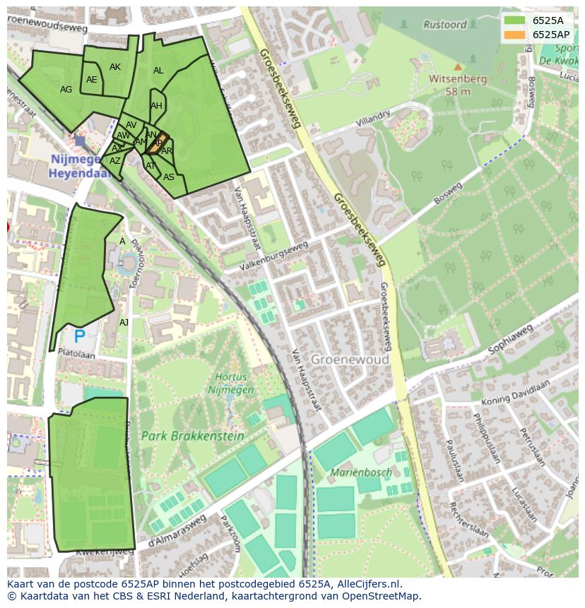 Afbeelding van het postcodegebied 6525 AP op de kaart.