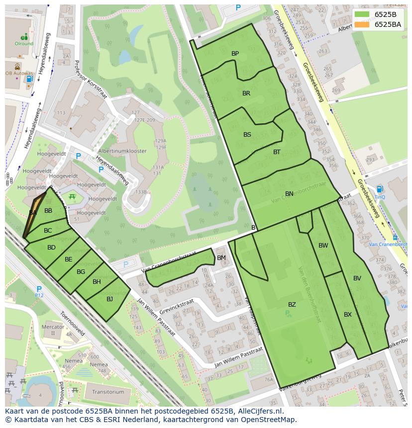 Afbeelding van het postcodegebied 6525 BA op de kaart.