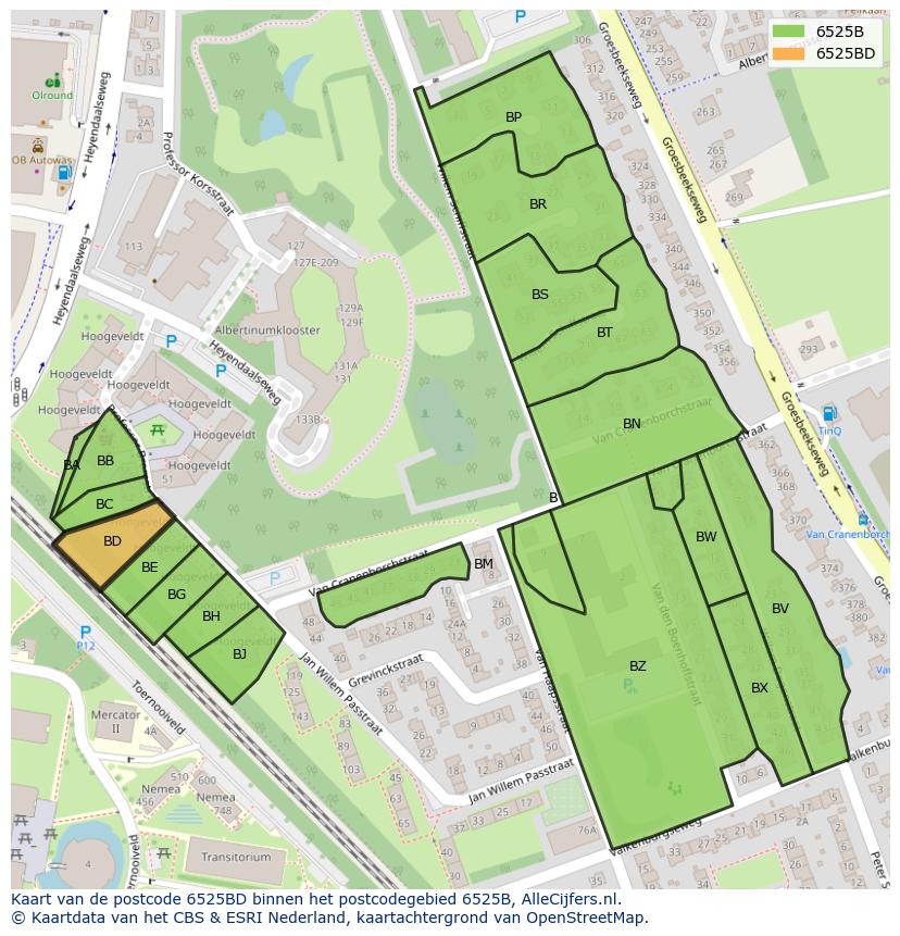 Afbeelding van het postcodegebied 6525 BD op de kaart.