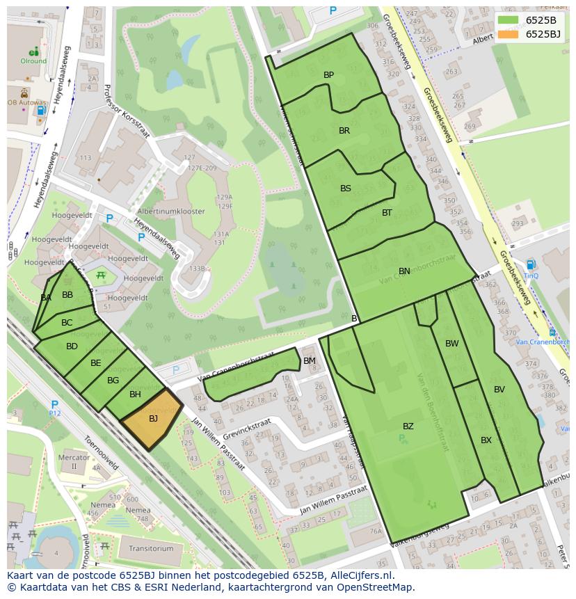 Afbeelding van het postcodegebied 6525 BJ op de kaart.