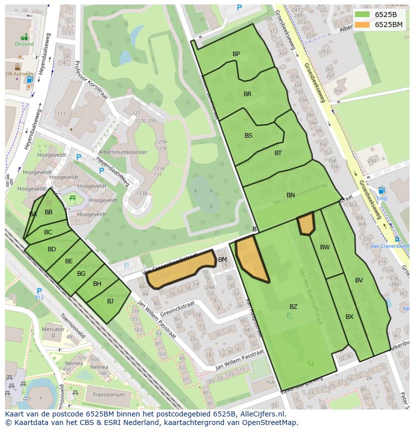 Afbeelding van het postcodegebied 6525 BM op de kaart.