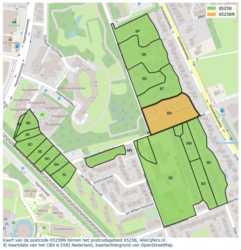 Afbeelding van het postcodegebied 6525 BN op de kaart.