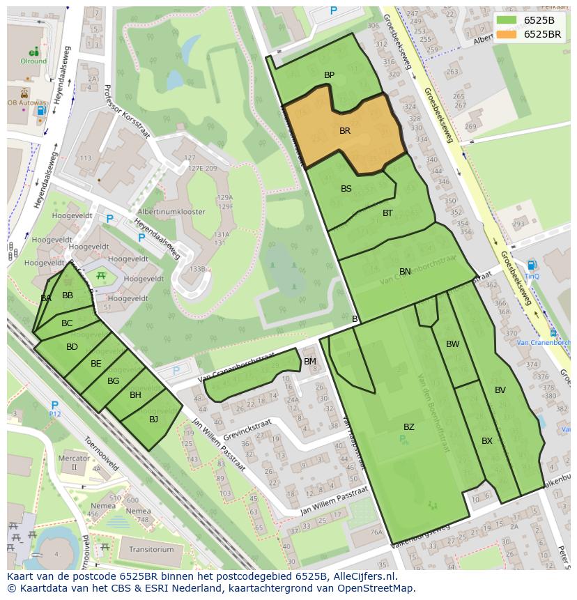 Afbeelding van het postcodegebied 6525 BR op de kaart.