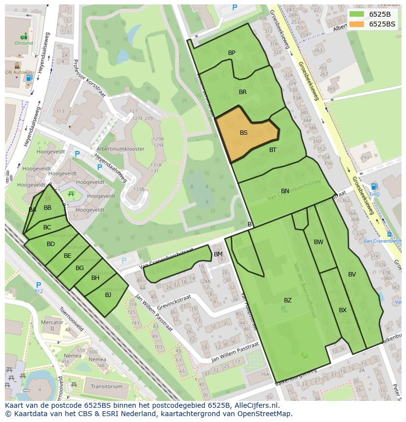 Afbeelding van het postcodegebied 6525 BS op de kaart.