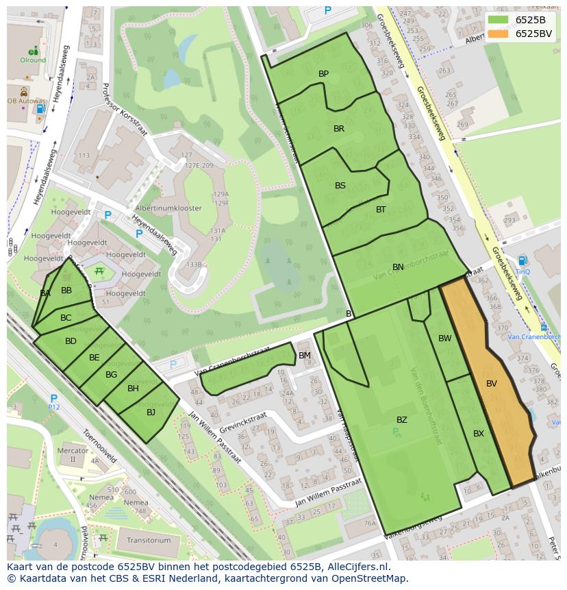Afbeelding van het postcodegebied 6525 BV op de kaart.