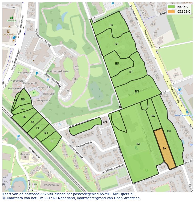 Afbeelding van het postcodegebied 6525 BX op de kaart.