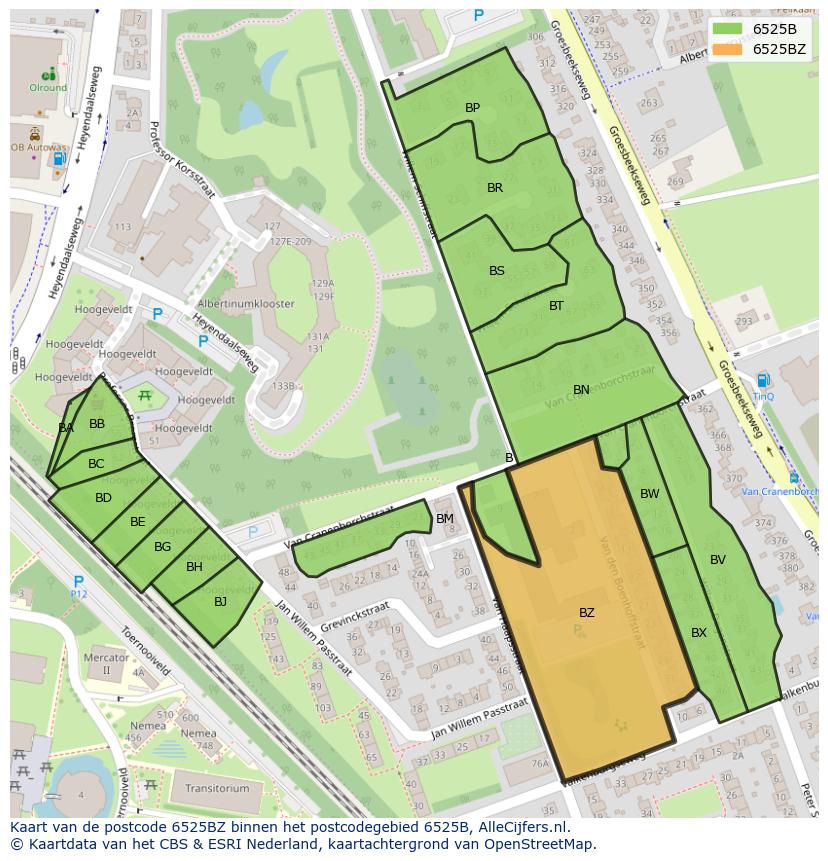 Afbeelding van het postcodegebied 6525 BZ op de kaart.