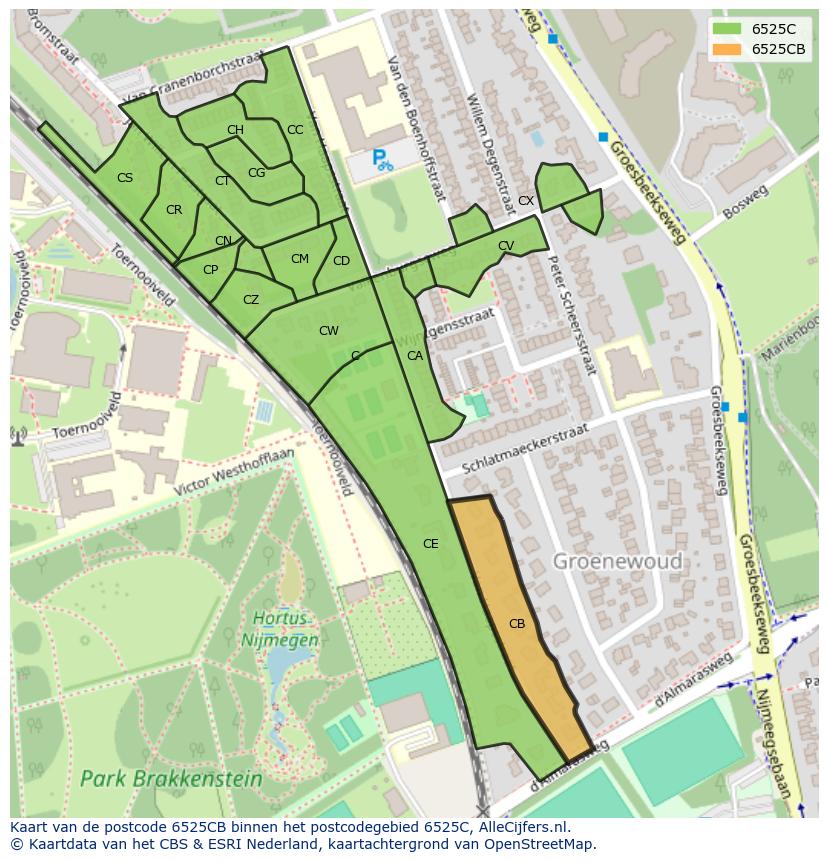 Afbeelding van het postcodegebied 6525 CB op de kaart.