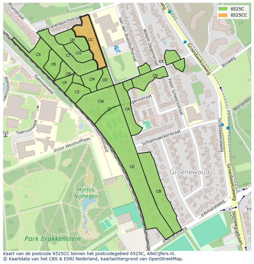 Afbeelding van het postcodegebied 6525 CC op de kaart.