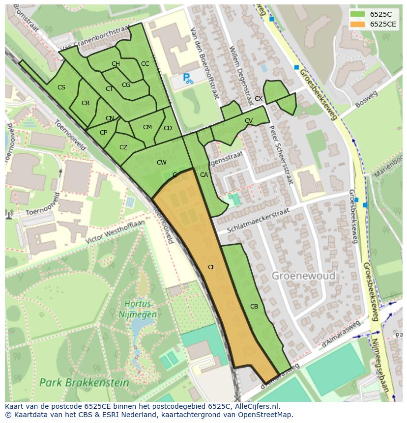 Afbeelding van het postcodegebied 6525 CE op de kaart.