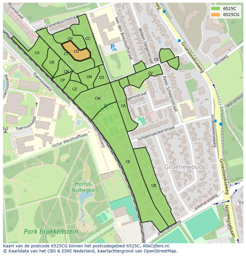 Afbeelding van het postcodegebied 6525 CG op de kaart.