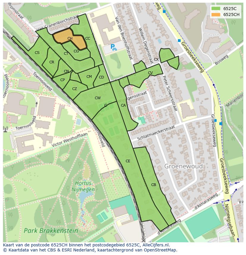 Afbeelding van het postcodegebied 6525 CH op de kaart.