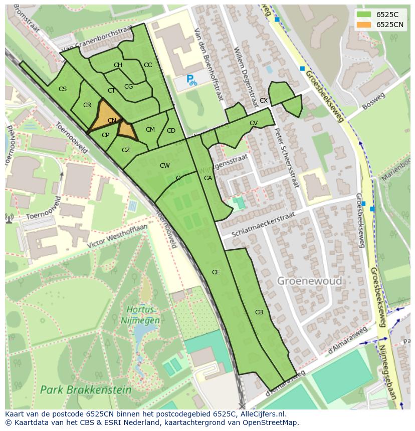 Afbeelding van het postcodegebied 6525 CN op de kaart.