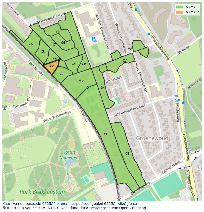 Afbeelding van het postcodegebied 6525 CP op de kaart.