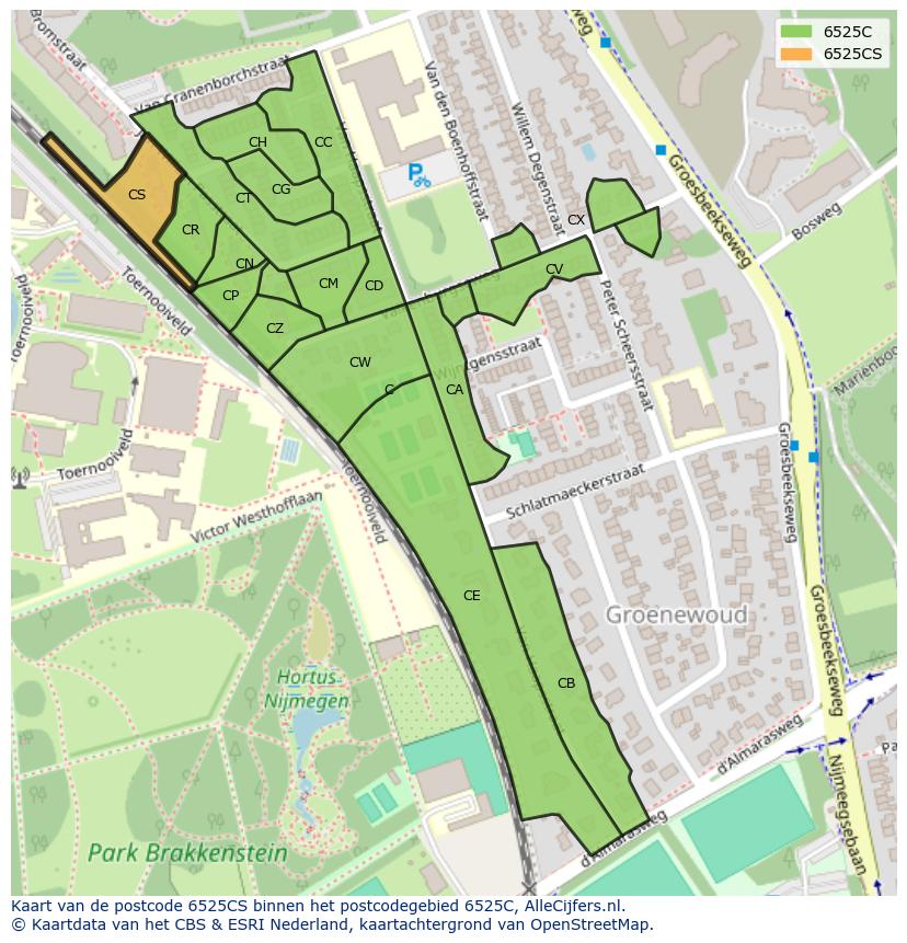 Afbeelding van het postcodegebied 6525 CS op de kaart.