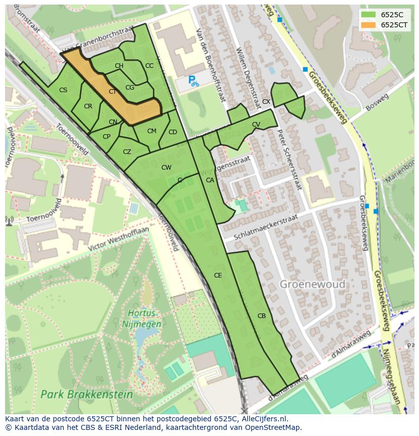 Afbeelding van het postcodegebied 6525 CT op de kaart.