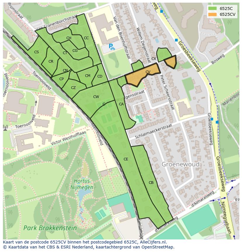 Afbeelding van het postcodegebied 6525 CV op de kaart.