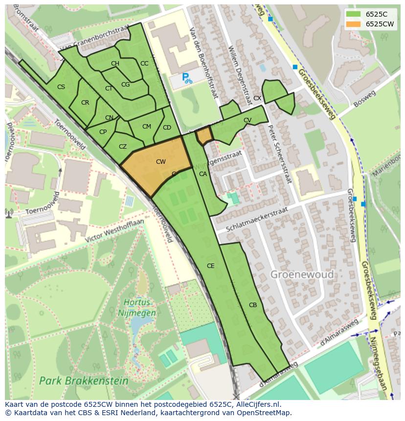 Afbeelding van het postcodegebied 6525 CW op de kaart.