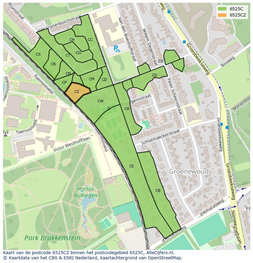Afbeelding van het postcodegebied 6525 CZ op de kaart.