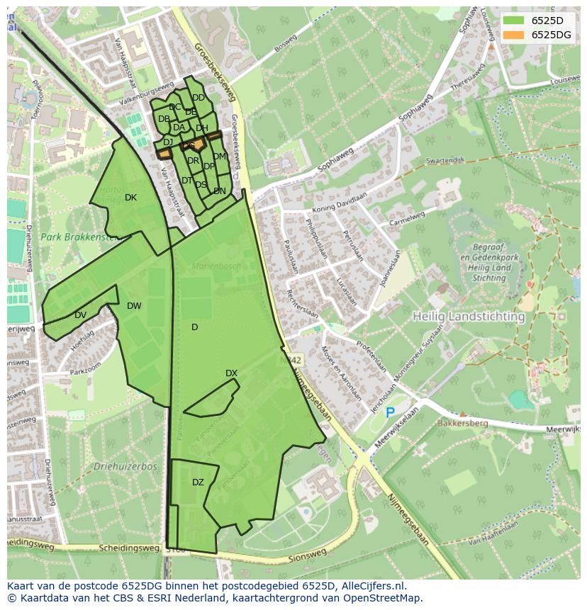 Afbeelding van het postcodegebied 6525 DG op de kaart.