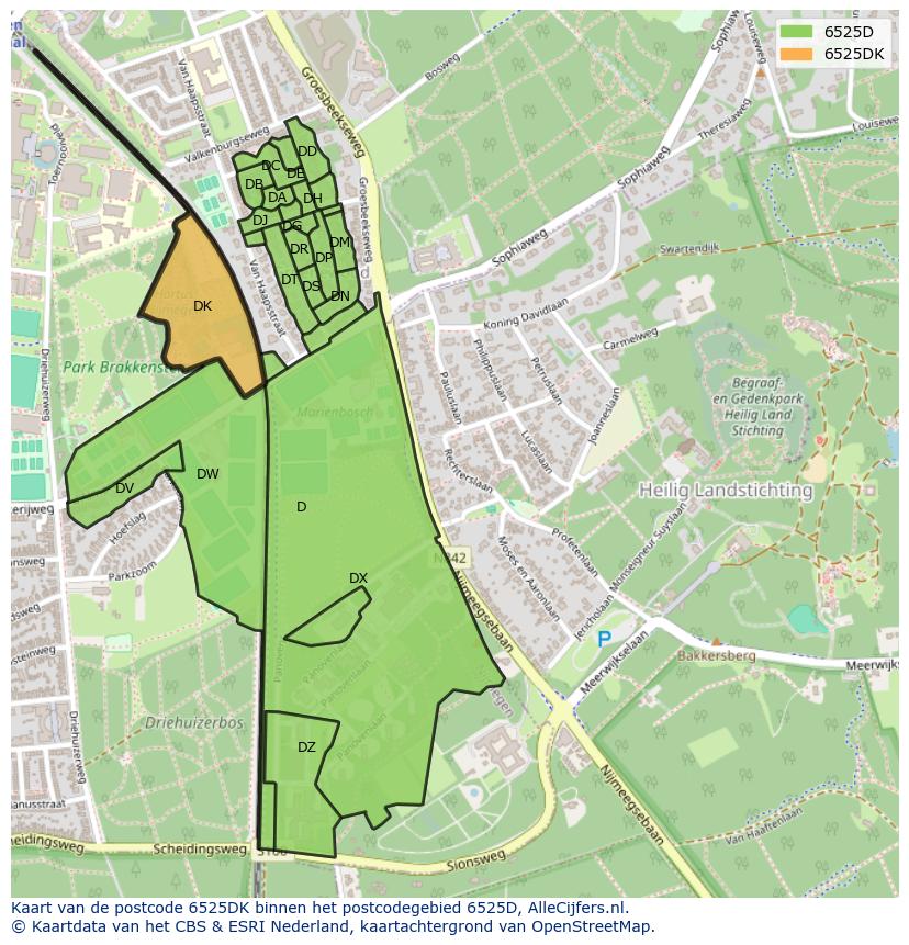 Afbeelding van het postcodegebied 6525 DK op de kaart.