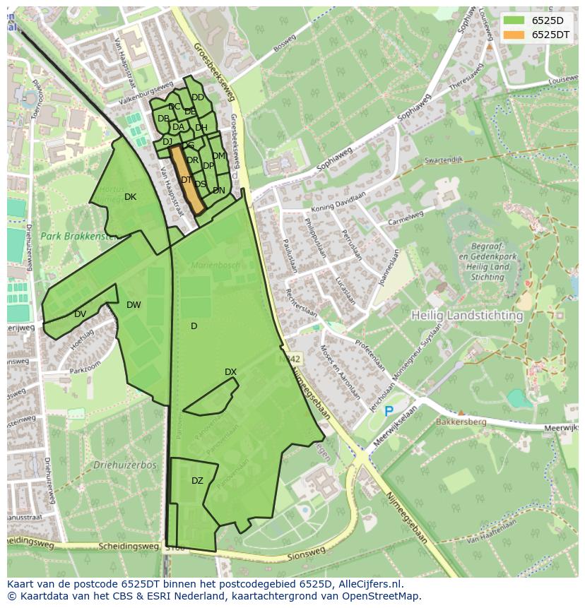 Afbeelding van het postcodegebied 6525 DT op de kaart.