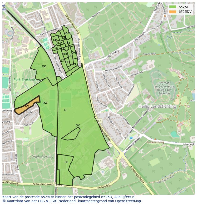 Afbeelding van het postcodegebied 6525 DV op de kaart.