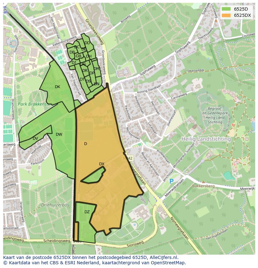 Afbeelding van het postcodegebied 6525 DX op de kaart.