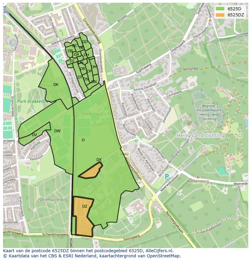 Afbeelding van het postcodegebied 6525 DZ op de kaart.