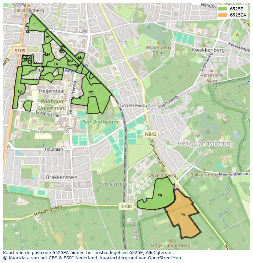 Afbeelding van het postcodegebied 6525 EA op de kaart.