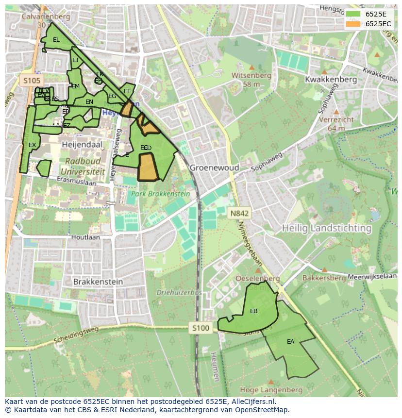 Afbeelding van het postcodegebied 6525 EC op de kaart.