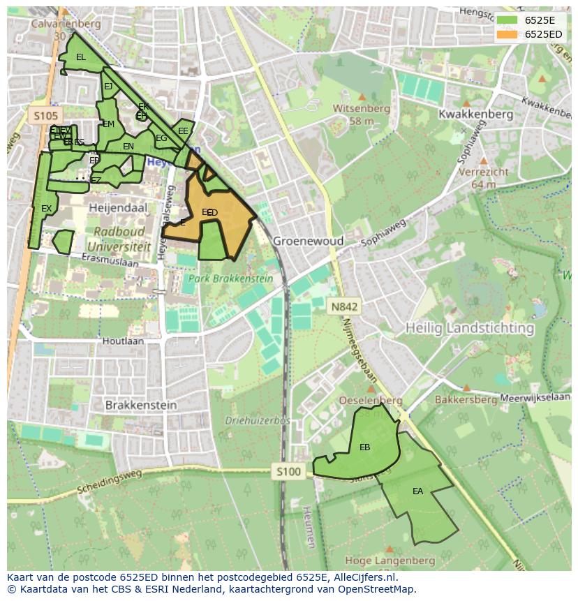 Afbeelding van het postcodegebied 6525 ED op de kaart.