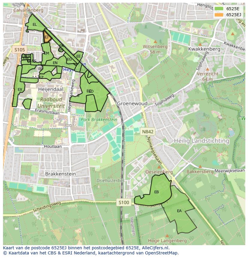 Afbeelding van het postcodegebied 6525 EJ op de kaart.