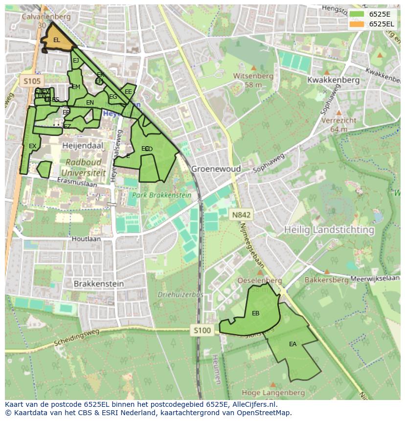 Afbeelding van het postcodegebied 6525 EL op de kaart.