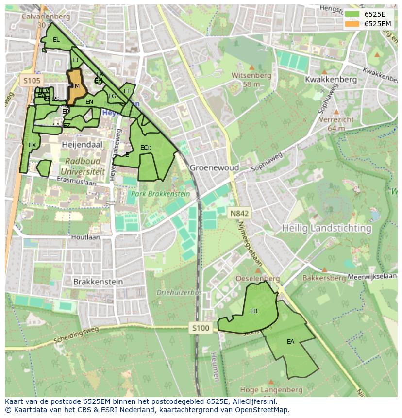 Afbeelding van het postcodegebied 6525 EM op de kaart.