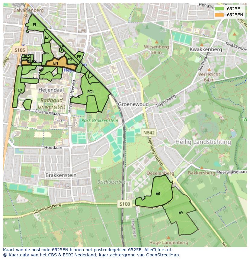 Afbeelding van het postcodegebied 6525 EN op de kaart.