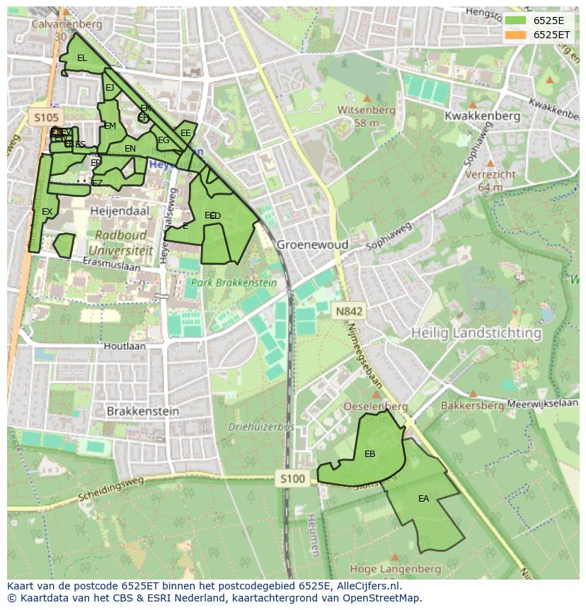 Afbeelding van het postcodegebied 6525 ET op de kaart.