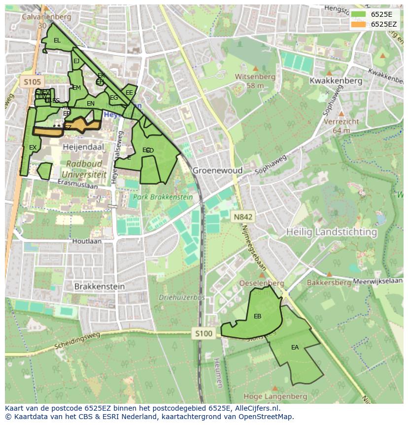 Afbeelding van het postcodegebied 6525 EZ op de kaart.