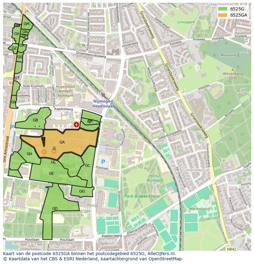 Afbeelding van het postcodegebied 6525 GA op de kaart.