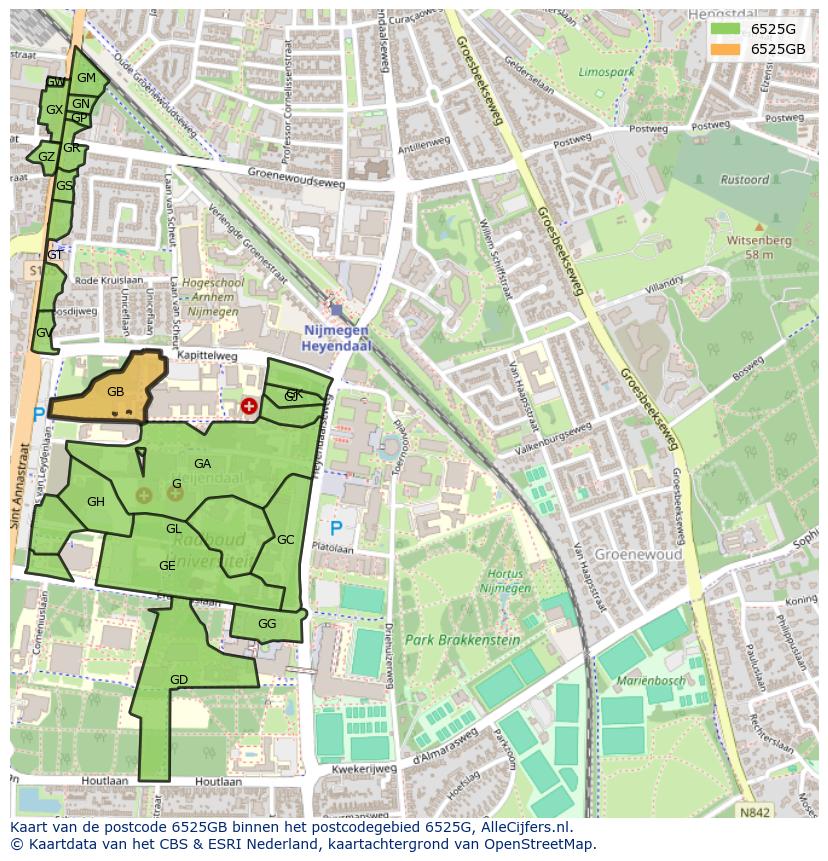 Afbeelding van het postcodegebied 6525 GB op de kaart.