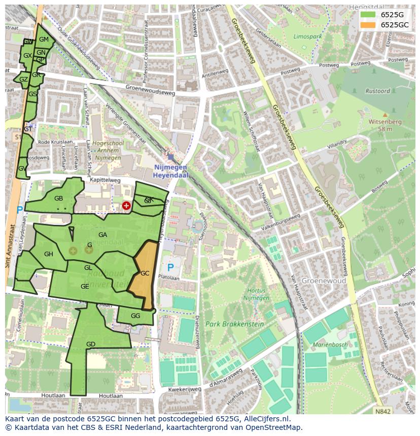 Afbeelding van het postcodegebied 6525 GC op de kaart.